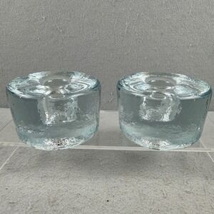 Vintage Blenko 990A Clear Glass Puck Candlestick Holders Pair MCM Ice Glass
